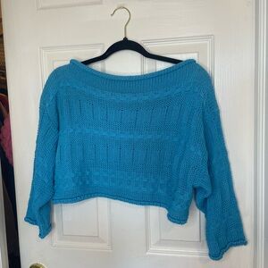 Blue Off-the-Shoulder Cable Knit Sweater